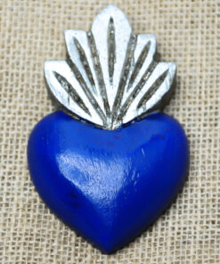 Ex-voto cœur flammes sacrées bleu royal – cœur sacré en bois peint à la main
