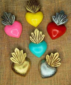 Ex-voto cœur flammes sacrées en bois – lot de 6 pièces artisanales colorées fabriquées au Mexique