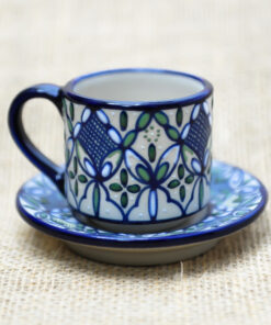 Tasse expresso artisanale verte et bleue en céramique de Javier Servin - Motif floral fait main