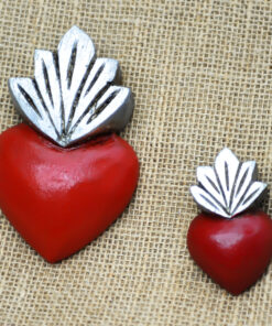 Ex-voto cœur flammes sacrées rouge et mini rouge – duo de cœurs symboliques artisanaux