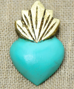Ex-voto cœur flammes sacrées turquoise – décoration murale artisanale du Mexique