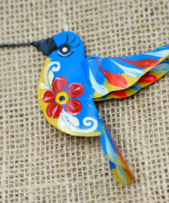 Colibri métal mexicain peint à la main bleu, décoration artisanale colorée en métal
