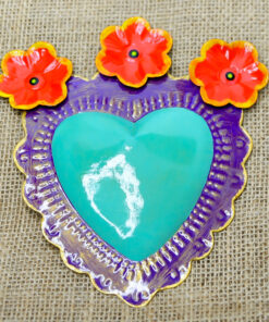 Cœur exvoto mexicain en laiton – décoration turquoise à motif sacré style Frida Kahlo