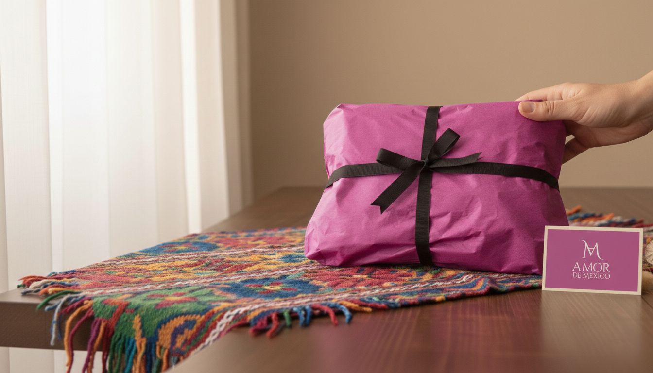 Coffret cadeau artisanal Amor de México emballé avec ruban noir sur textile mexicain